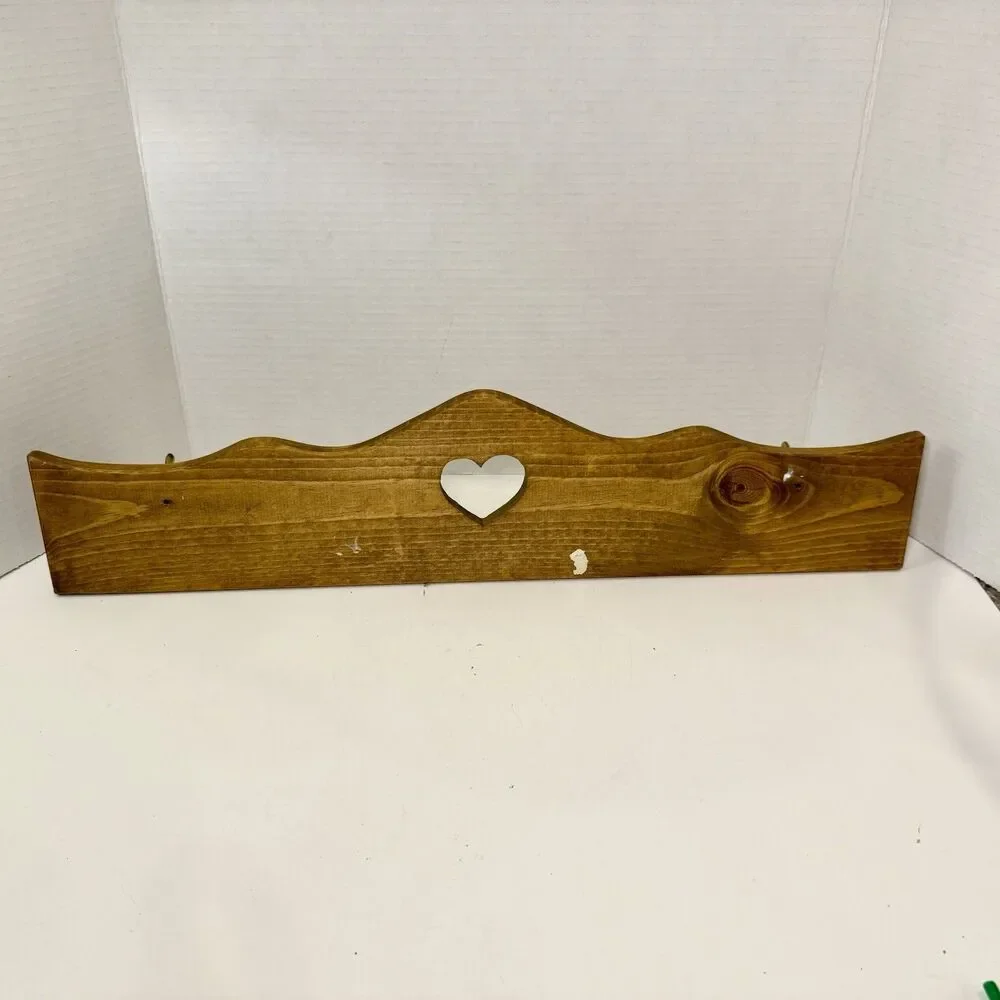 Vintage 22” Wood Heart Cutout Wall Coat Rack 4 Brass Hooks Cottagecore Farmhouse